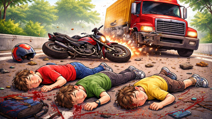 ट्रक ने बाइक सवारों को कुचला, तीन लड़कों की मौके पर मौत