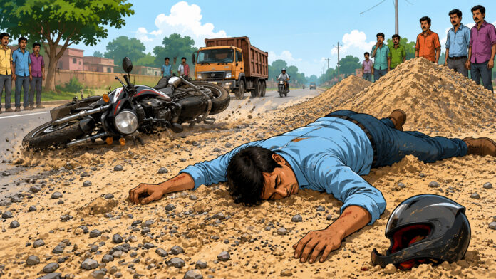 सड़क पर फैलाई गई रेत-बजरी पर बाइक फिसलने से एक की मौत सड़क पर फैलाई गई रेत-बजरी पर बाइक फिसलने से एक की मौत